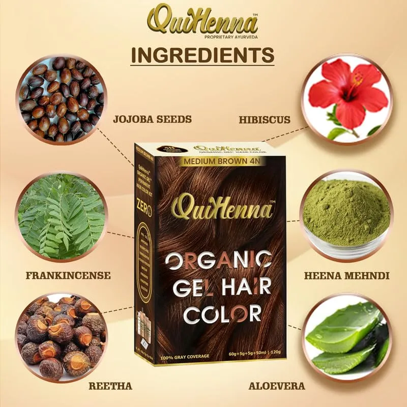 Organic Hair Colour Gel 4N - PPD & Ammonia Free Permanent Natural Hair Color, 100% Grey Coverage, Long Lasting Gel Colour for Men & Women, 120gm 1 Count (Pack of 1) Medium Brown