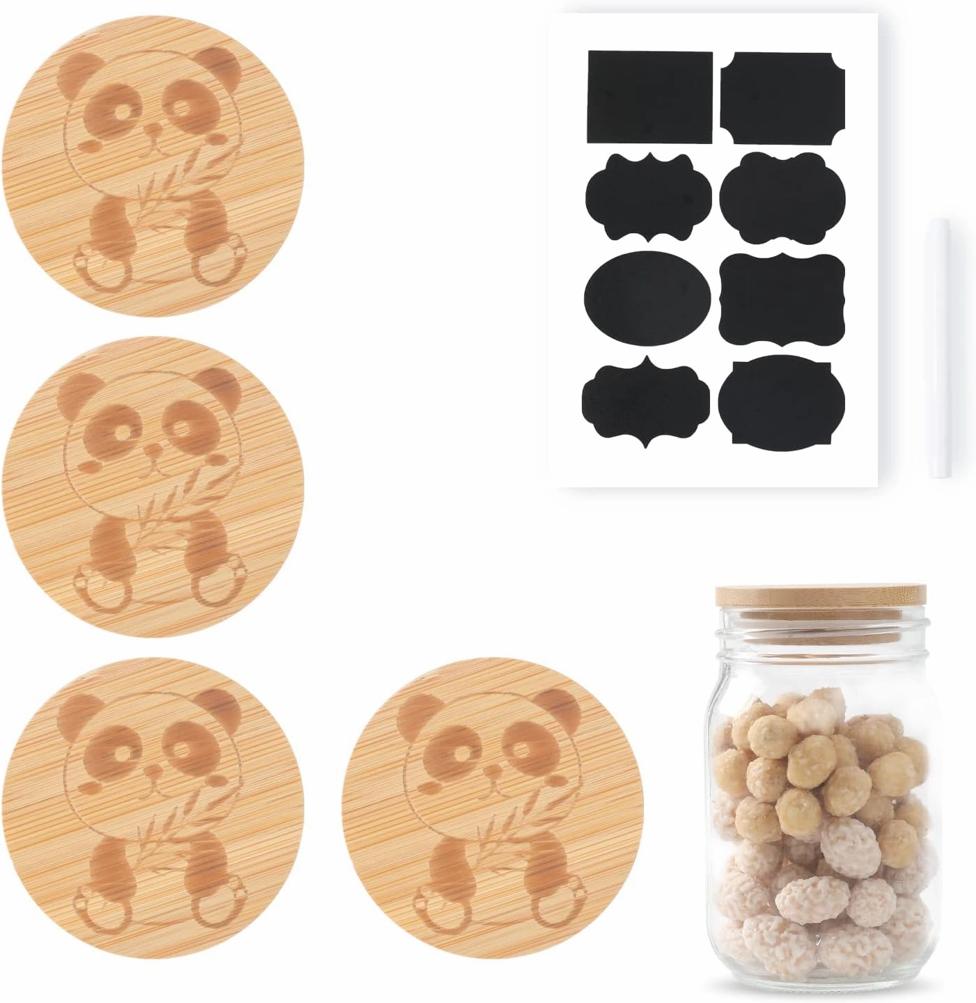Oui Yogurt Bamboo Jar Lids Set, Wooden Lids for Oui Yogurt Jars, 4 Pack (Panda Print)