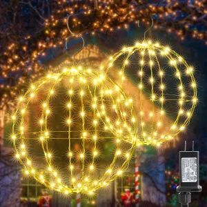 Outdoor Decorations Hanging Ball Lights 2PCS - 12 Inch Connectable Hanging Tree Globe 120 LED Fairy Lights with 8 Lighting Modes,Timing Function Waterproof Indoor Outdoor (Warm White, 2pcs)