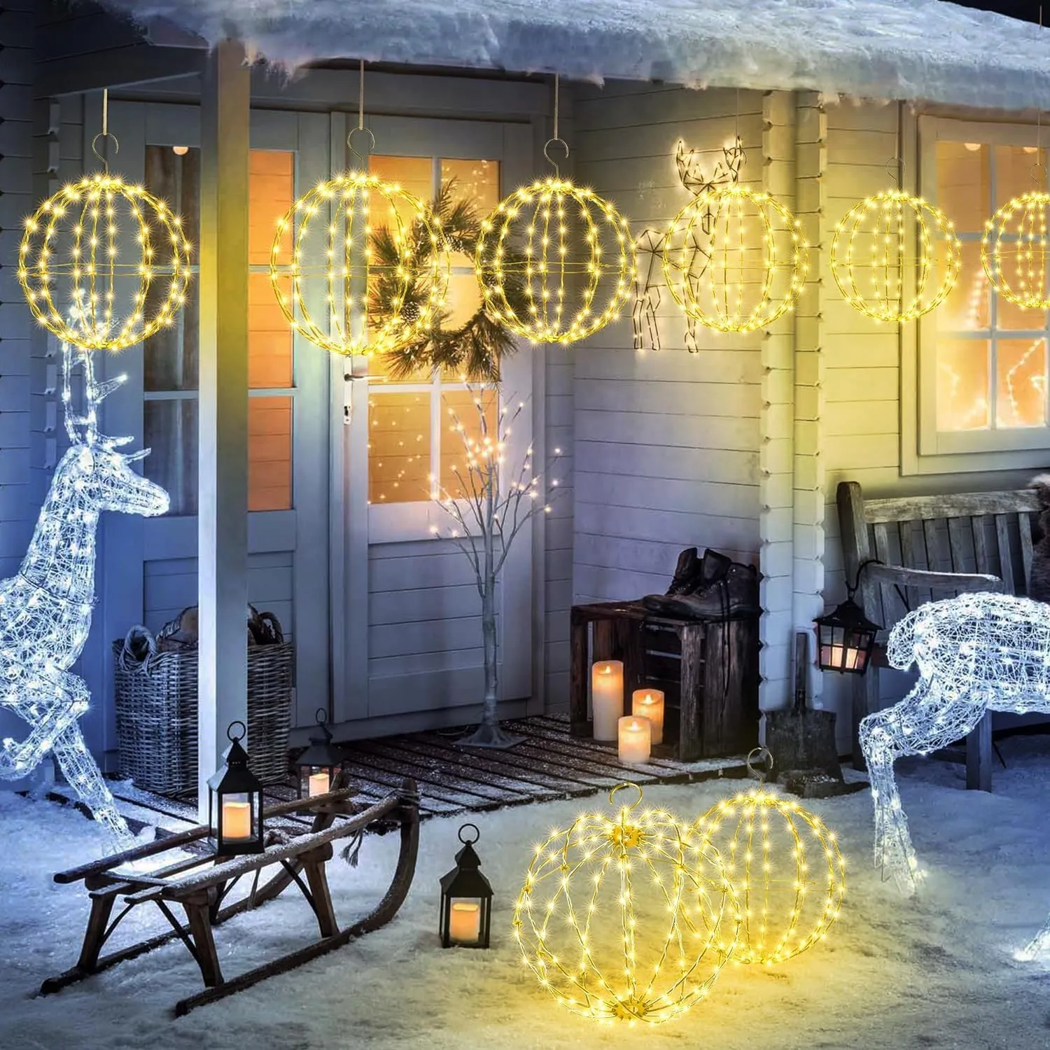 Outdoor Decorations Hanging Ball Lights 2PCS - 12 Inch Connectable Hanging Tree Globe 120 LED Fairy Lights with 8 Lighting Modes,Timing Function Waterproof Indoor Outdoor (Warm White, 2pcs)