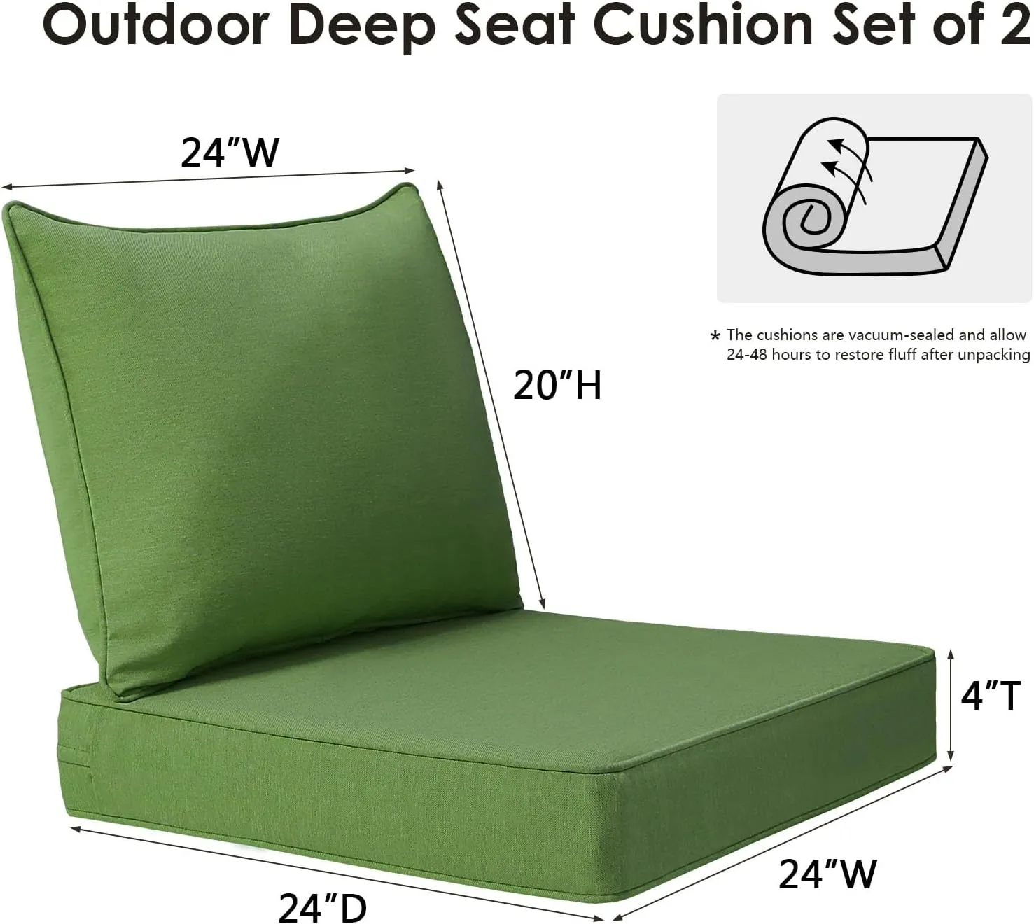 Outdoor Patio Chair Cushions Set, 24" x 24", Set of 2, Water-Repellent, Fade Resistant, Deep Seat Bottom and Back Cushion for Backyard, Couch, Sofa and Patio Furniture, Lawn Green
