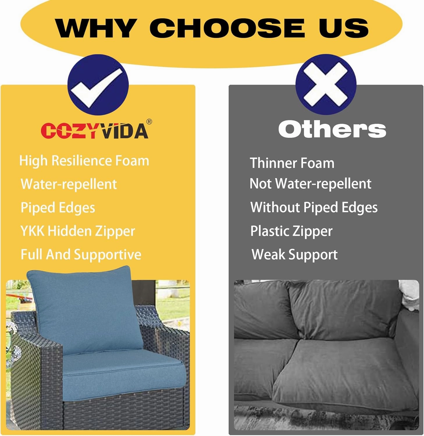 Outdoor/Indoor 24x24 inch Deep Seat Patio Cushions Set of 2 Resilient Foam Filling Water Repellent Stain-Resistant UV Resistant Weather Resistant Patio Cushions Beige