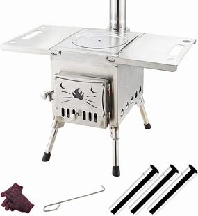 Outdoor Wood Stove Stainless Steel, Wood Burning Camping Stove with Blower, Portable Round Tent Stove Multifunctional for Winter Camping Heating and Cooking