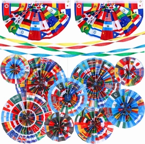 Outus 15 Pcs International World Flags Decorations Flags of the World Hanging Paper Fans Pleated Fan Bunting Banner Paper Streamer Backdrop for Around the Nation Classroom Sport Event