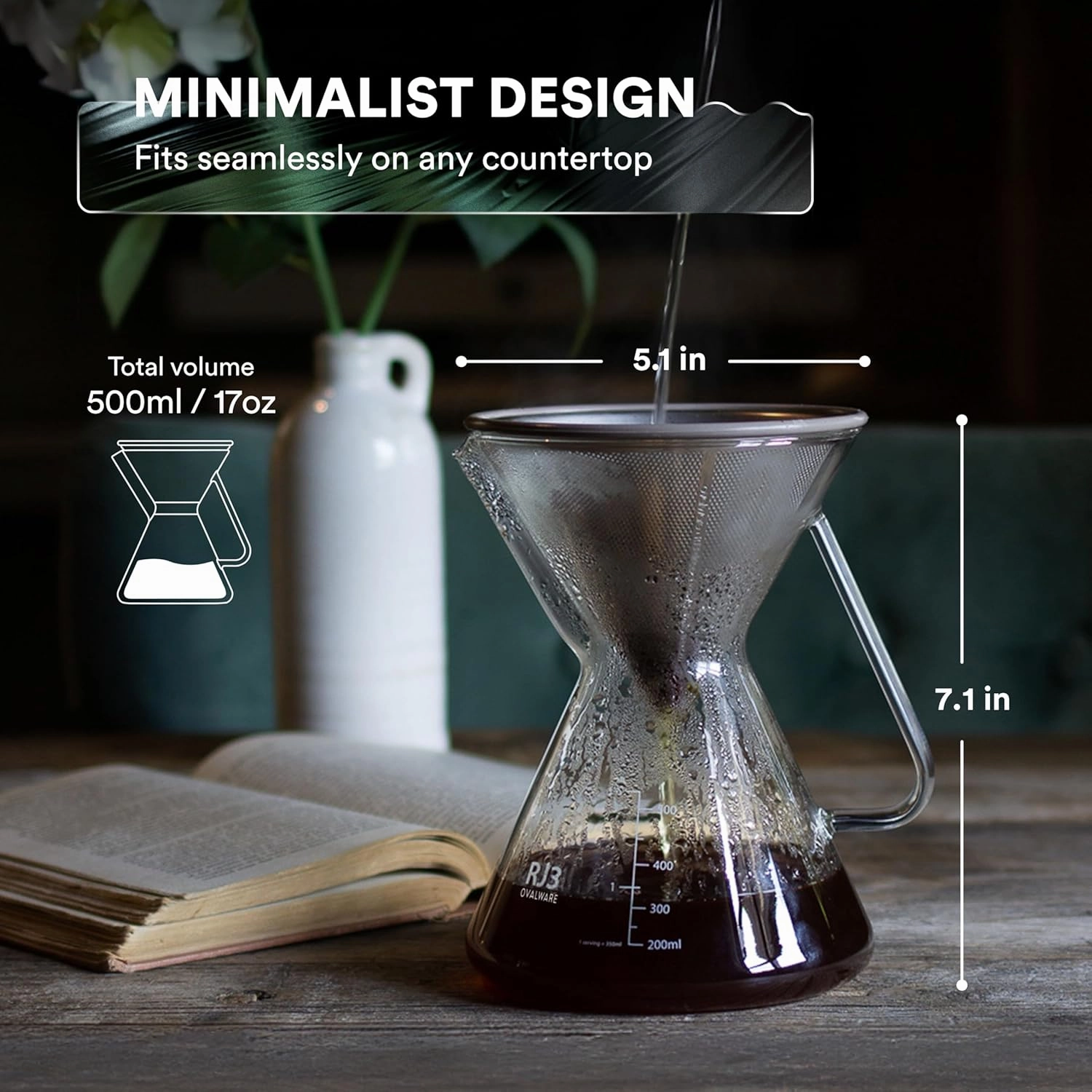 ovalware Pour Over Coffee Dripper Maker - (17oz / 0.5L) Unlock New Flavors with Paperless Stainless Steel Filter, Precision Measuring Cup and Carafe