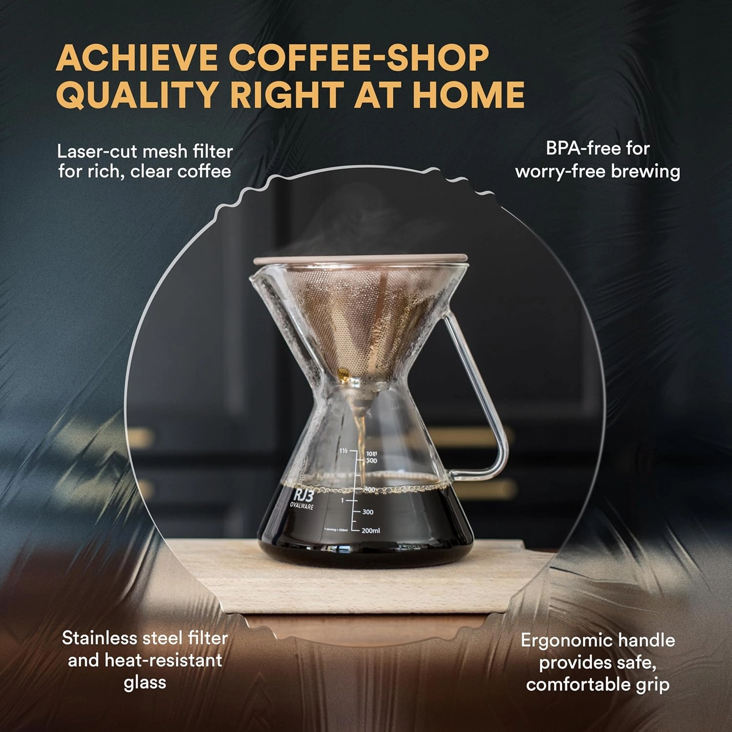 ovalware Pour Over Coffee Dripper Maker - (17oz / 0.5L) Unlock New Flavors with Paperless Stainless Steel Filter, Precision Measuring Cup and Carafe