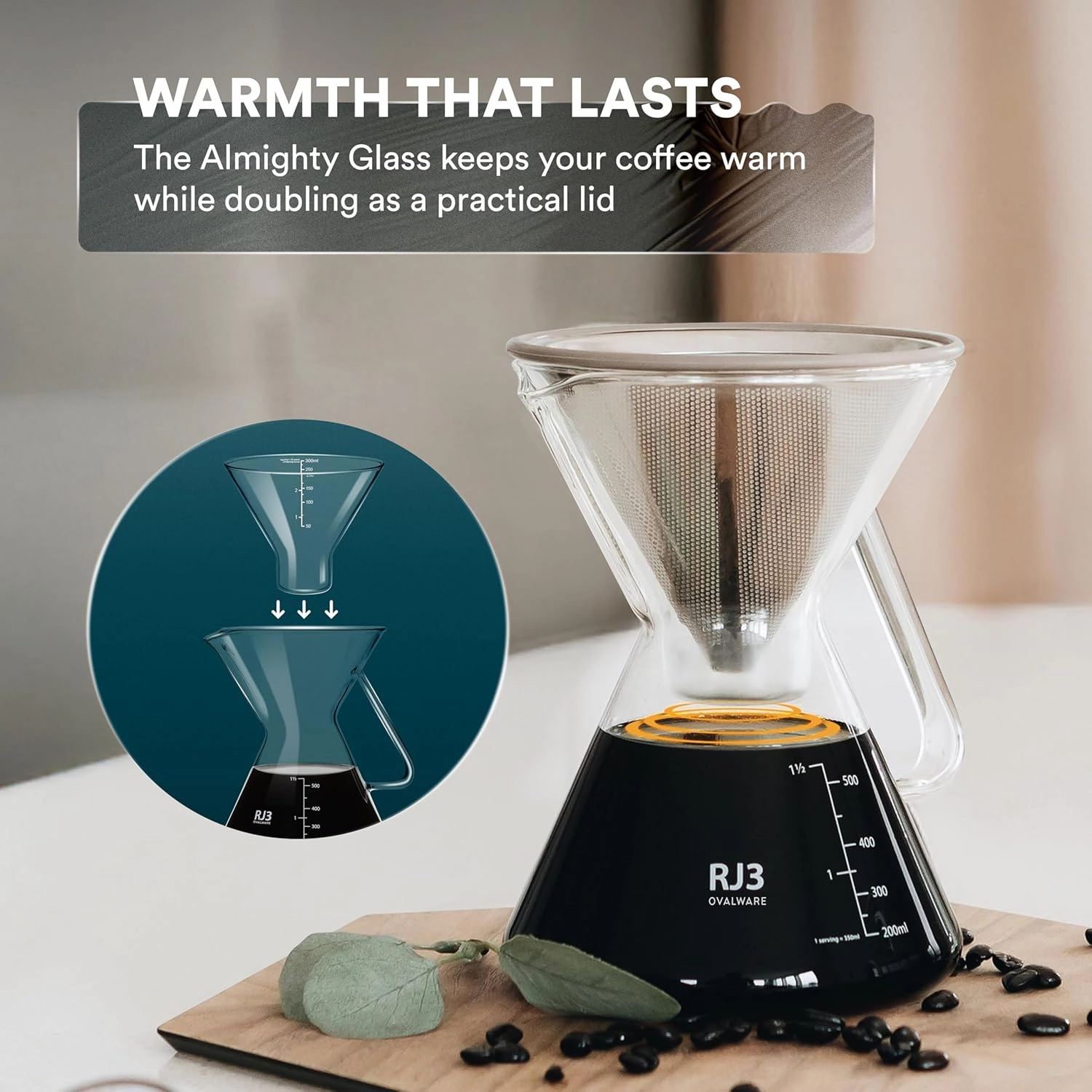 ovalware Pour Over Coffee Dripper Maker - (17oz / 0.5L) Unlock New Flavors with Paperless Stainless Steel Filter, Precision Measuring Cup and Carafe