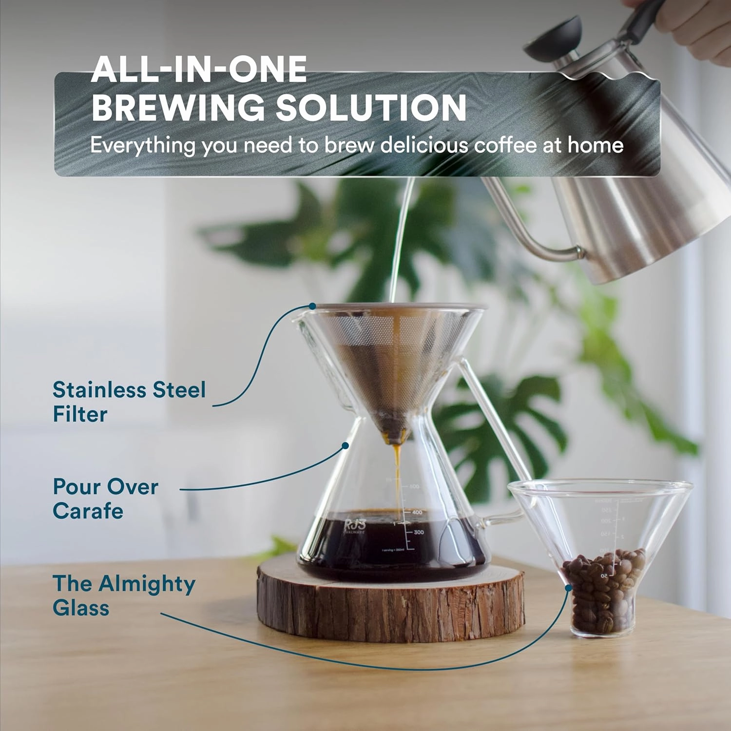 ovalware Pour Over Coffee Dripper Maker - (17oz / 0.5L) Unlock New Flavors with Paperless Stainless Steel Filter, Precision Measuring Cup and Carafe