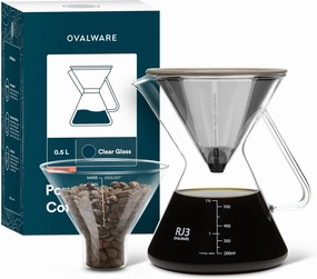 ovalware Pour Over Coffee Dripper Maker - (17oz / 0.5L) Unlock New Flavors with Paperless Stainless Steel Filter, Precision Measuring Cup and Carafe
