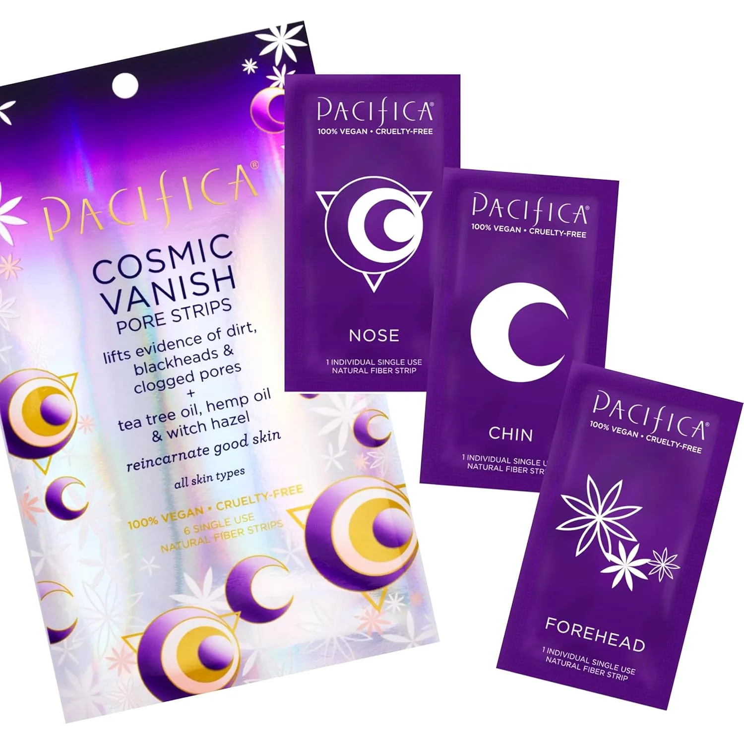 Pacifica - Blackhead Remover Pore Strips - 6-PACK Cosmic Vanish - for Nose, Chin & Forehead - Deep Cleansing Nose Strips w/Instant Pore Unclogging - Oil-Free Vegan Dermatologist Tested