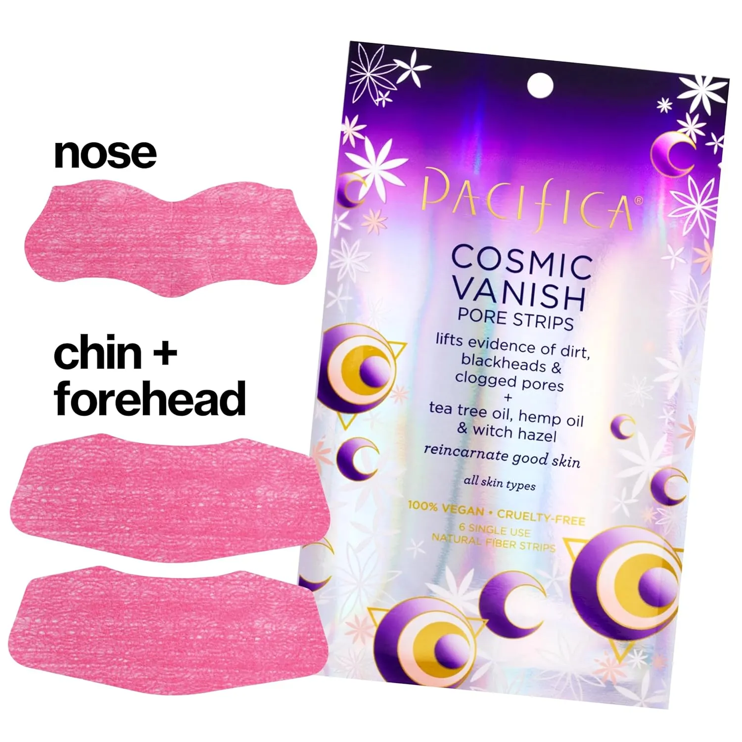 Pacifica - Blackhead Remover Pore Strips - 6-PACK Cosmic Vanish - for Nose, Chin & Forehead - Deep Cleansing Nose Strips w/Instant Pore Unclogging - Oil-Free Vegan Dermatologist Tested