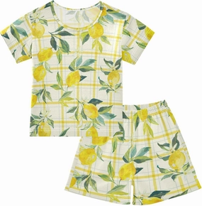 Pajama Short Sets Watercolor Fresh Lemons Soft Cotton Summer Sleepwear 2 Piece PJS Size 5-14T