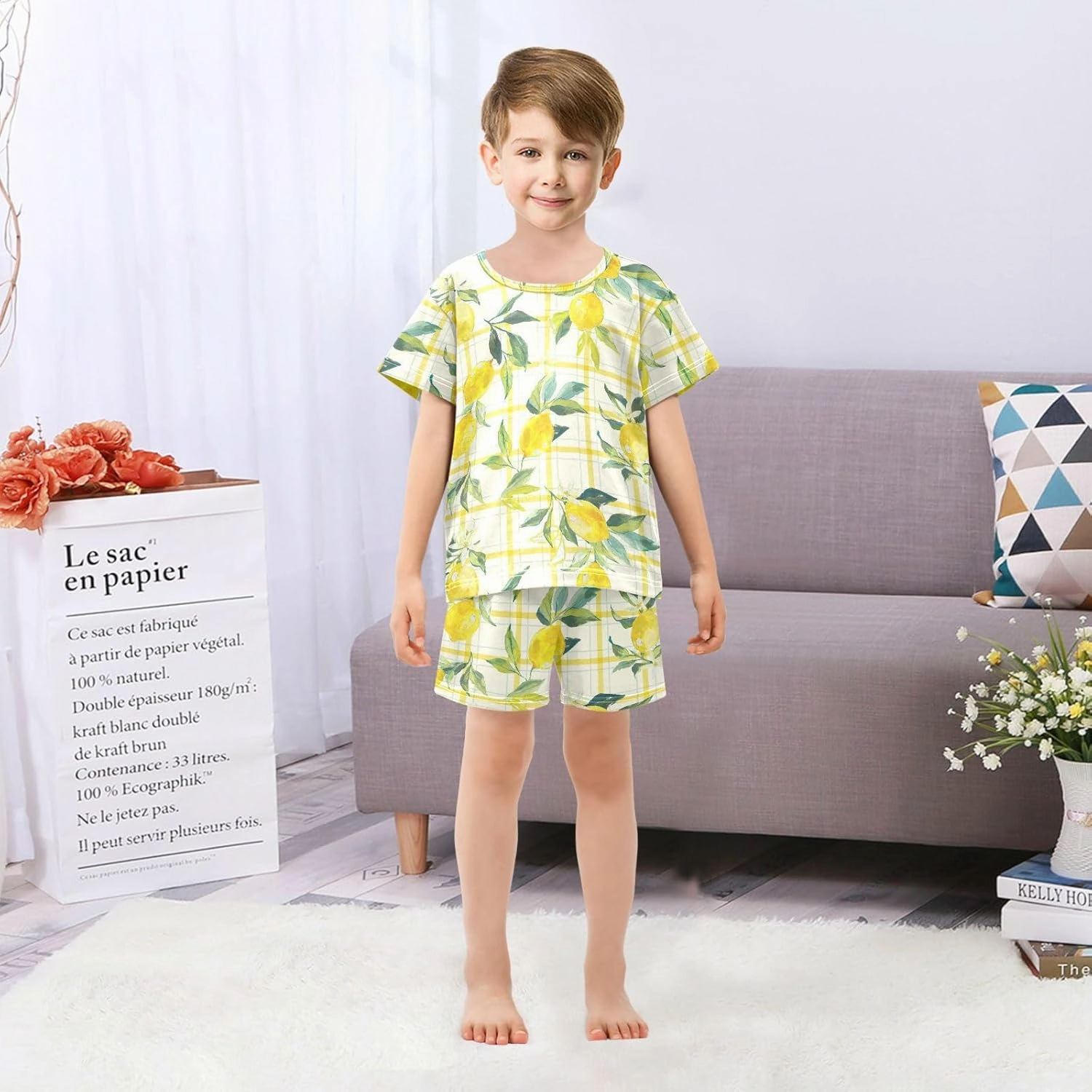 Pajama Short Sets Watercolor Fresh Lemons Soft Cotton Summer Sleepwear 2 Piece PJS Size 5-14T
