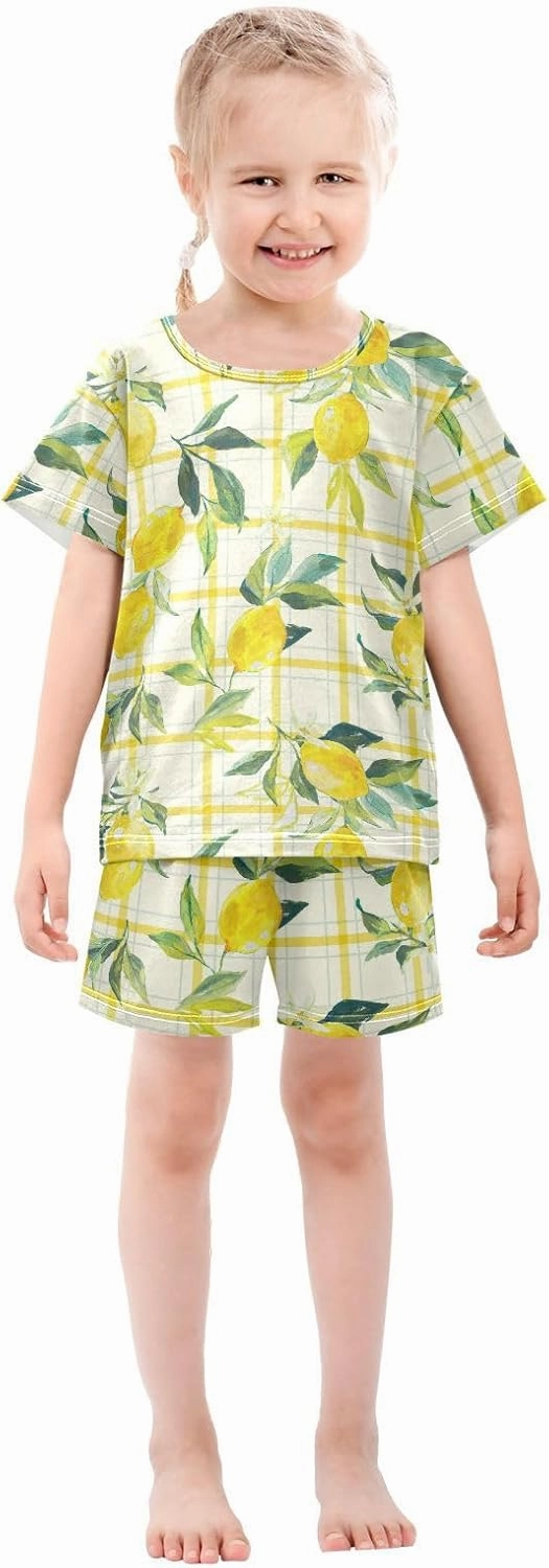 Pajama Short Sets Watercolor Fresh Lemons Soft Cotton Summer Sleepwear 2 Piece PJS Size 5-14T
