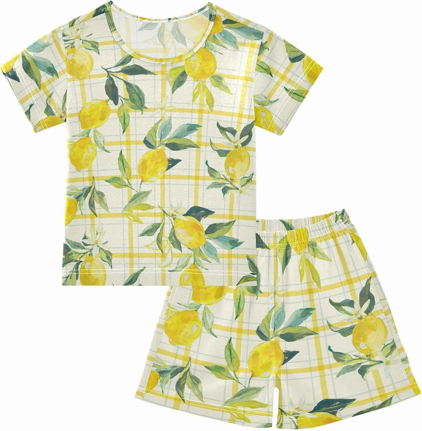 Pajama Short Sets Watercolor Fresh Lemons Soft Cotton Summer Sleepwear 2 Piece PJS Size 5-14T