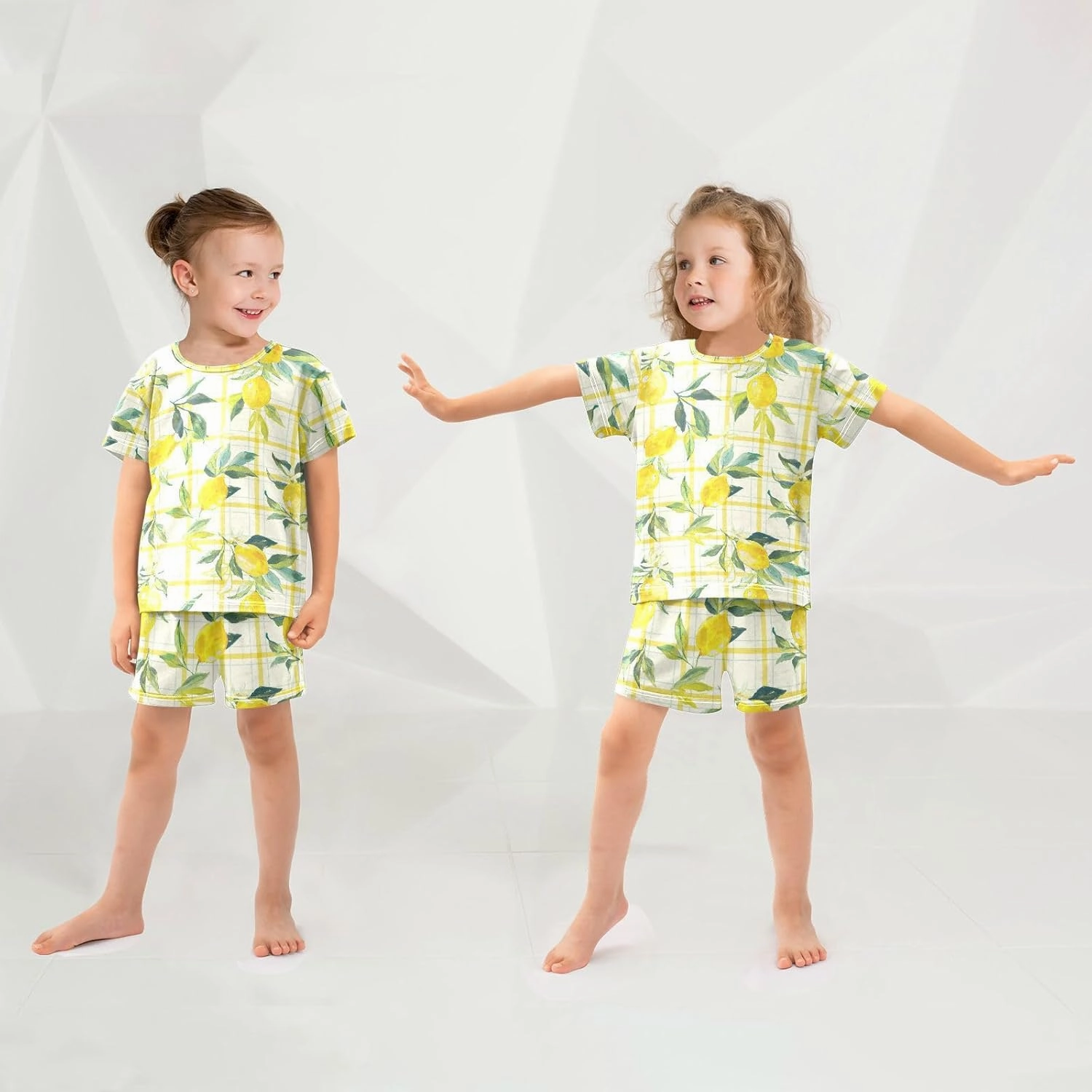 Pajama Short Sets Watercolor Fresh Lemons Soft Cotton Summer Sleepwear 2 Piece PJS Size 5-14T