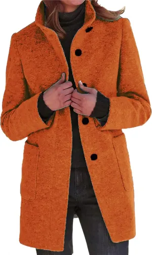 Pea Coats for Women Winter Stand Collar Wool Long Trench Coats Casual Single Breasted Blazer Thicken Peacoat Jackets