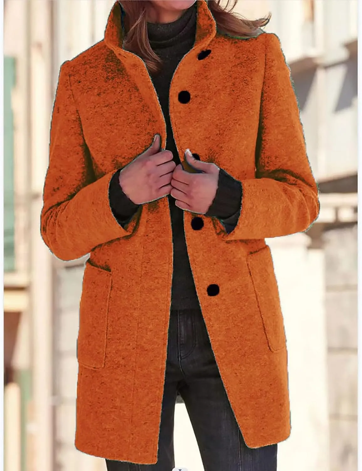 Pea Coats for Women Winter Stand Collar Wool Long Trench Coats Casual Single Breasted Blazer Thicken Peacoat Jackets
