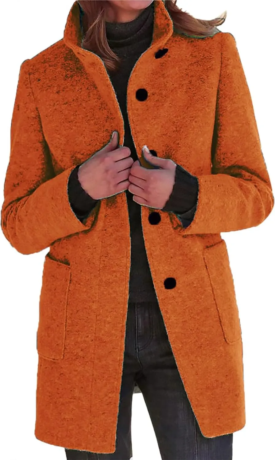 Pea Coats for Women Winter Stand Collar Wool Long Trench Coats Casual Single Breasted Blazer Thicken Peacoat Jackets