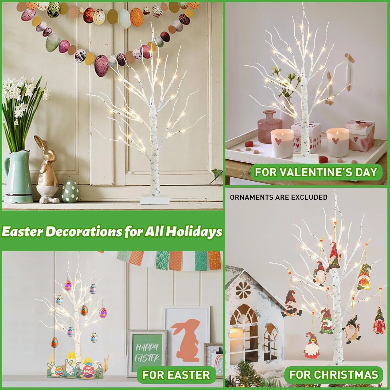 PEIDUO Artificial Tree for Easter Decorations, 2 FT Birch Tree with LED Lights, Warm White Fairy Lights Spirit Tree Lamp for Home Indoor Tabletop Christmas Decor Centerpiece, Battery Powered, Timer