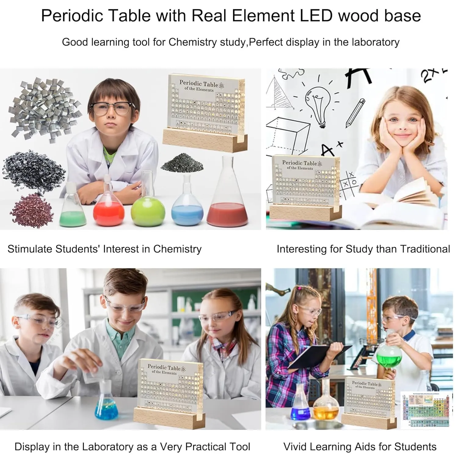 Periodic Table with Real Element Samples Inside Great Gifts for Science Clear Acrylic Table of Elements with Actual Elements with Colorful Light Base 7.9" x 5"