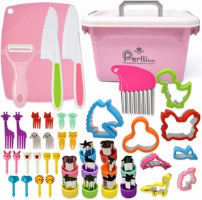 Perlli Kids Montessori Real Baking and Cooking Set For Toddlers – 44 Piece Safe Kit Including Utensils, Crinkle Cutter, Peeler, Safe Knives, & More - Educational Baking Gift Set for Kids Ages 3 , Pink