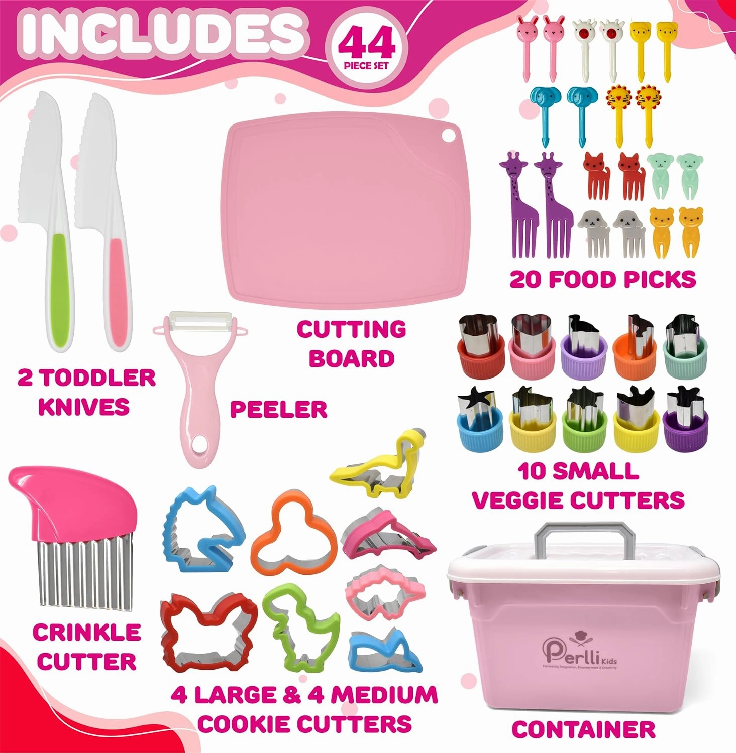 Perlli Kids Montessori Real Baking and Cooking Set For Toddlers – 44 Piece Safe Kit Including Utensils, Crinkle Cutter, Peeler, Safe Knives, & More - Educational Baking Gift Set for Kids Ages 3 , Pink