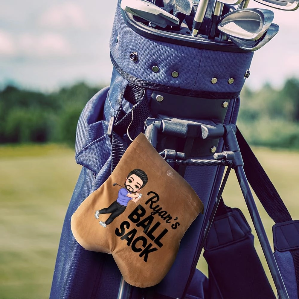Personalized Golf Ball Bag, Custom Cartoon Character & Name on Golf Shag Bag with 2 Balls, Birthday Gift for Men Women