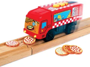 Pete-Za Motorized Train for Wooden Track - Pizza Themed Battery Operated Locomotive - Includes Magnetic Pizza Pieces - Electric Powered Engine for Wood Track Series 2