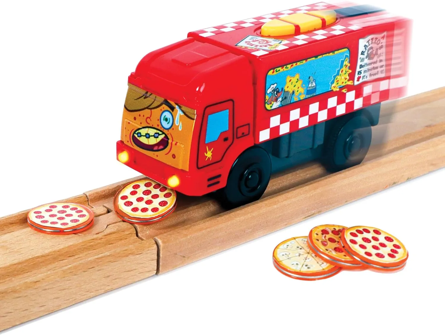 Pete-Za Motorized Train for Wooden Track - Pizza Themed Battery Operated Locomotive - Includes Magnetic Pizza Pieces - Electric Powered Engine for Wood Track Series 2