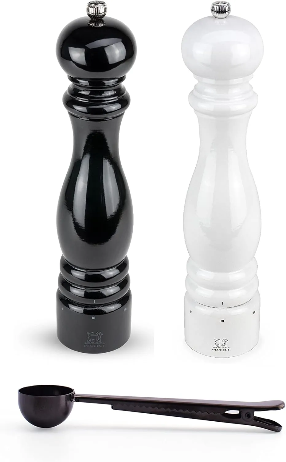 Peugeot Paris u'Select 6 Setting Manual Salt & Pepper Mill Set With Black Stainless Steel Spice Scoop Made In France (White & Black Lacquered, 12- Inch)