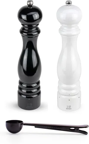 Peugeot Paris u'Select 6 Setting Manual Salt & Pepper Mill Set With Black Stainless Steel Spice Scoop Made In France (White & Black Lacquered, 12- Inch)