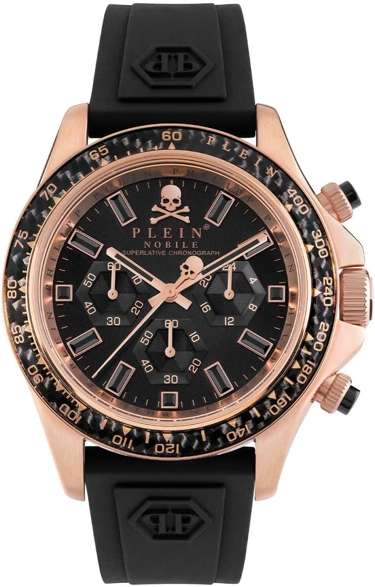 Philipp Plein Nobile Racing Collection Luxury Mens Watch Timepieces with a Black Strap and Dial Featuring a IP Rose Gold Case