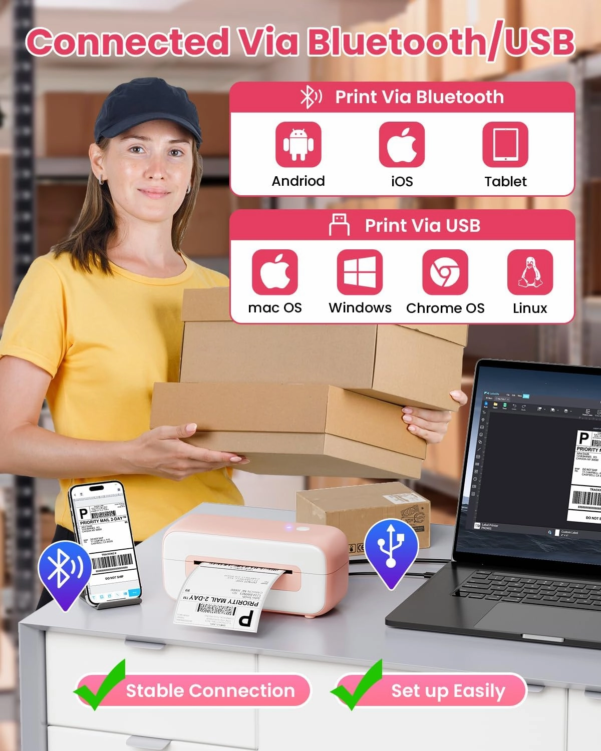 Phomemo Pink Bluetooth Thermal Label Printer 4x6, Shipping Label Printers for Small Business, Wireless Thermal Printer Compatible with Android&iOS Amazon, Ebay, Shopify, Etsy, UPS, FedEx, DHL, etc