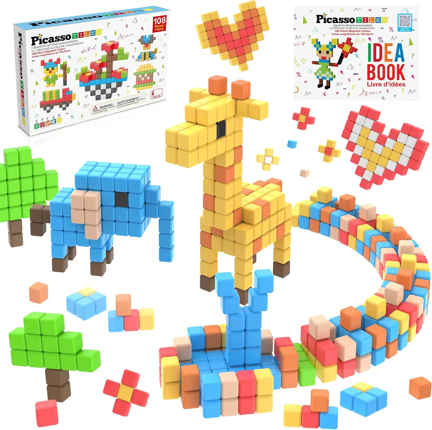 Picasso Cubes 1” Magnetic Puzzle Cubes 108 Piece Magnet Construction Building Block Set Sensory Toy Early Education STEM Learning, Free Ideabook with 50 Ideas, Children Age 3  Boy Girl PMC108