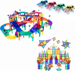 PicassoTiles 150PC Magnetic Race Car Track   100PC Magnet Tiles, Fun & Creative Playset: STEAM Learning, Enhance Construction Skills, Hand-Eye Coordination and Fine Motor Skills, Gift for Boys & Girls