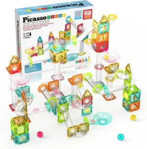 PicassoTiles 60 pc Magnet Tiles Building Block Travel Size Magnetic Marble Run Construction Toy Set Mini Diamond Marble RaceTrack Building Blocks Playset Education STEM Learning Kit Boy Girl 3  PTMG60