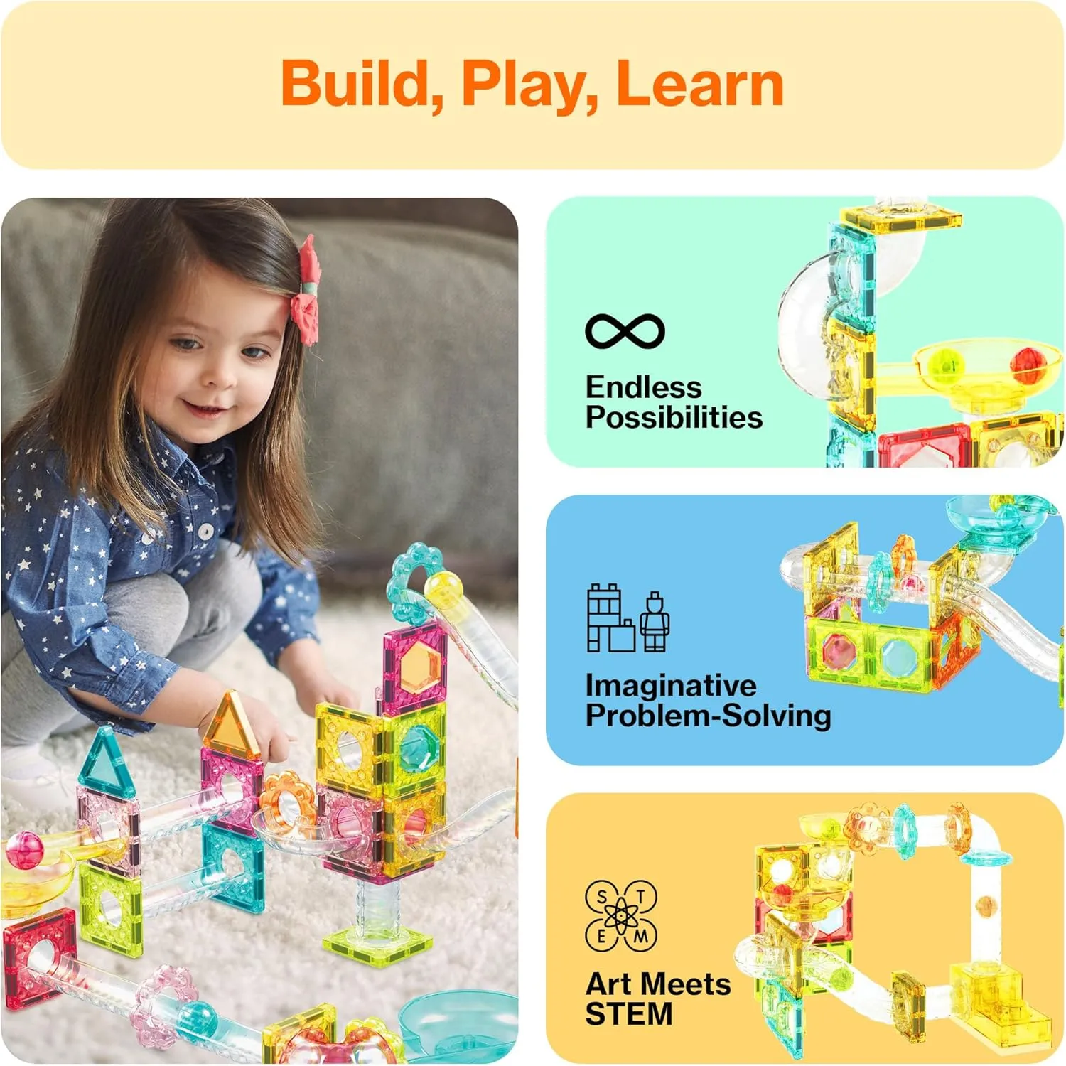 PicassoTiles 60 pc Magnet Tiles Building Block Travel Size Magnetic Marble Run Construction Toy Set Mini Diamond Marble RaceTrack Building Blocks Playset Education STEM Learning Kit Boy Girl 3  PTMG60