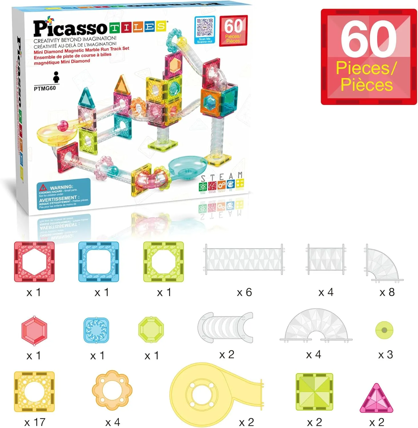 PicassoTiles 60 pc Magnet Tiles Building Block Travel Size Magnetic Marble Run Construction Toy Set Mini Diamond Marble RaceTrack Building Blocks Playset Education STEM Learning Kit Boy Girl 3  PTMG60