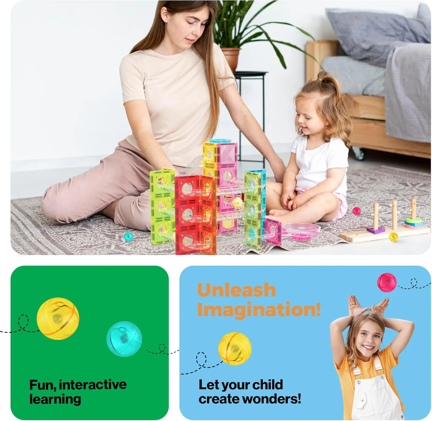 PicassoTiles 60 pc Magnet Tiles Building Block Travel Size Magnetic Marble Run Construction Toy Set Mini Diamond Marble RaceTrack Building Blocks Playset Education STEM Learning Kit Boy Girl 3  PTMG60