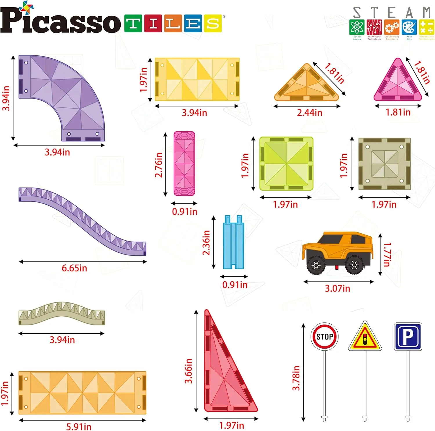 PicassoTiles 60pc Race Car Track Magnetic Tiles Travel Toy Sensory Magnet Tile Toys for Toddlers STEM Educational Learning Preschool Play Construction Stacking Blocks Kids Boys Girls Ages 3  PTMR60