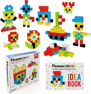 PicassoTiles Aircraft and Action Figures   60pc Magnetic Puzzle Cubes, Magnetic 4pc Action Figures Airplane and Helicopter Add-on Pretend Playset, 1” Magnet Building Block Set, Ideabook with 50 Ideas