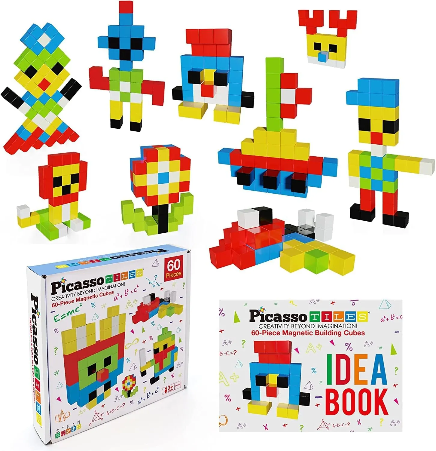 PicassoTiles Aircraft and Action Figures   60pc Magnetic Puzzle Cubes, Magnetic 4pc Action Figures Airplane and Helicopter Add-on Pretend Playset, 1” Magnet Building Block Set, Ideabook with 50 Ideas