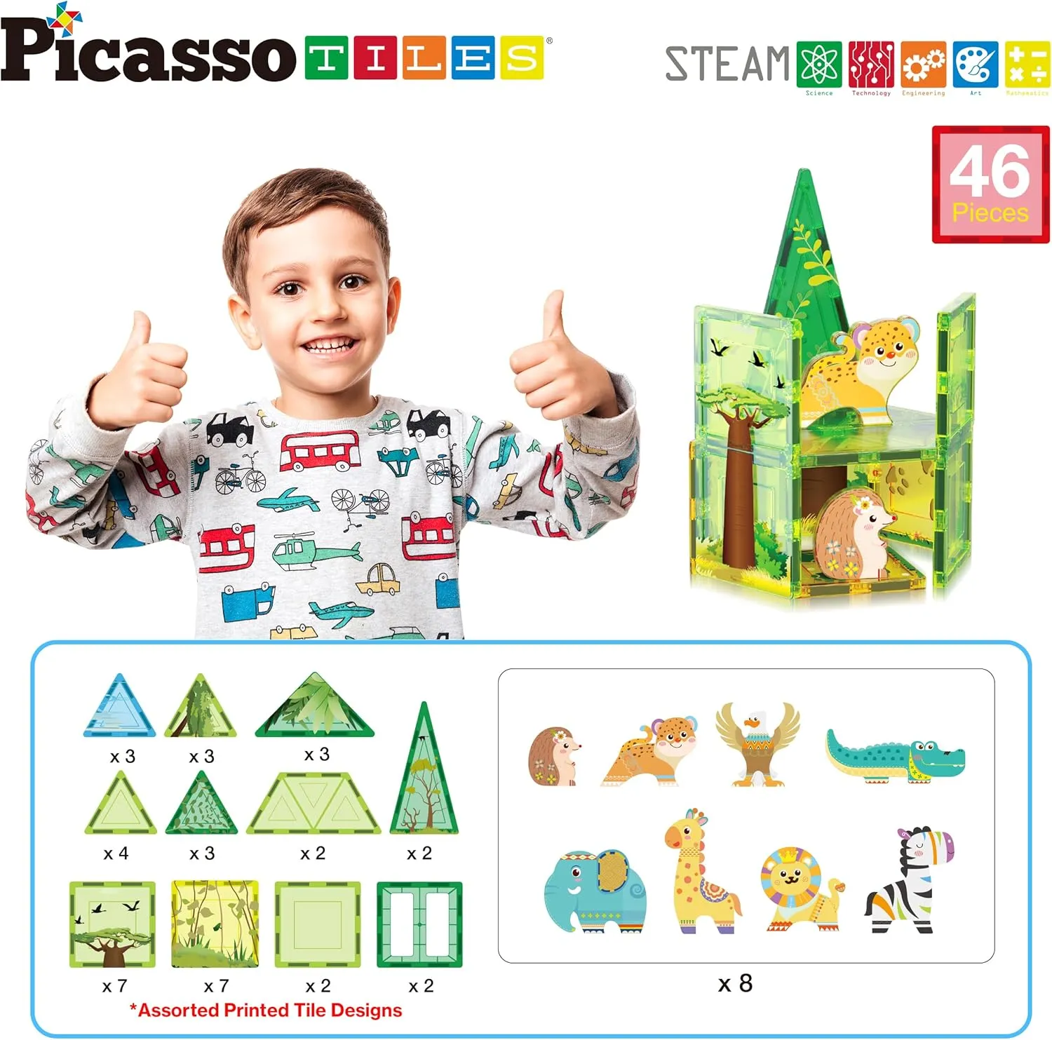PicassoTiles Magnet Tile Building Block Safari Themed Set with 8 Compatible Magnetized Animal Action Figures Build Blocks Toddler Creativity Toys STEAM Educational Learning Skills Ages 3  PTQ12