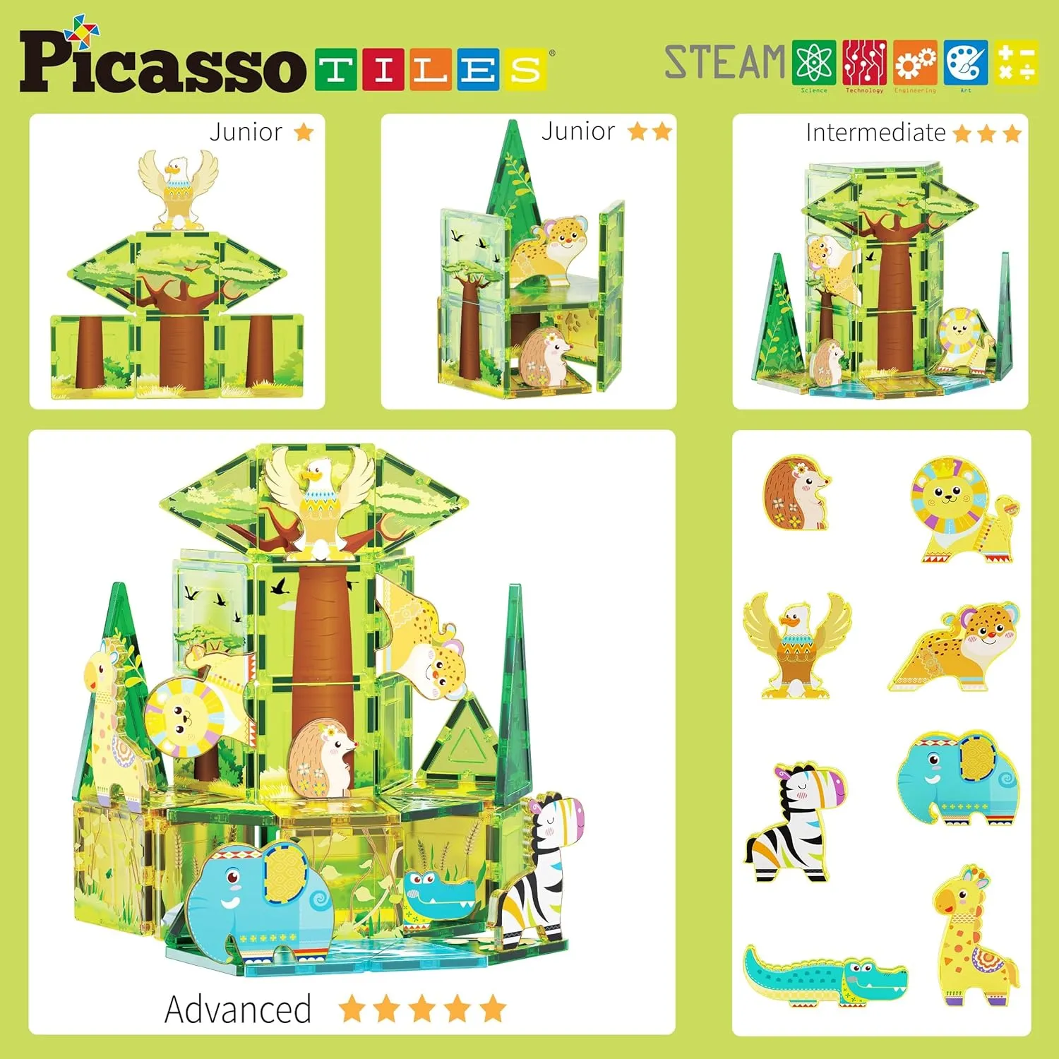 PicassoTiles Magnet Tile Building Block Safari Themed Set with 8 Compatible Magnetized Animal Action Figures Build Blocks Toddler Creativity Toys STEAM Educational Learning Skills Ages 3  PTQ12