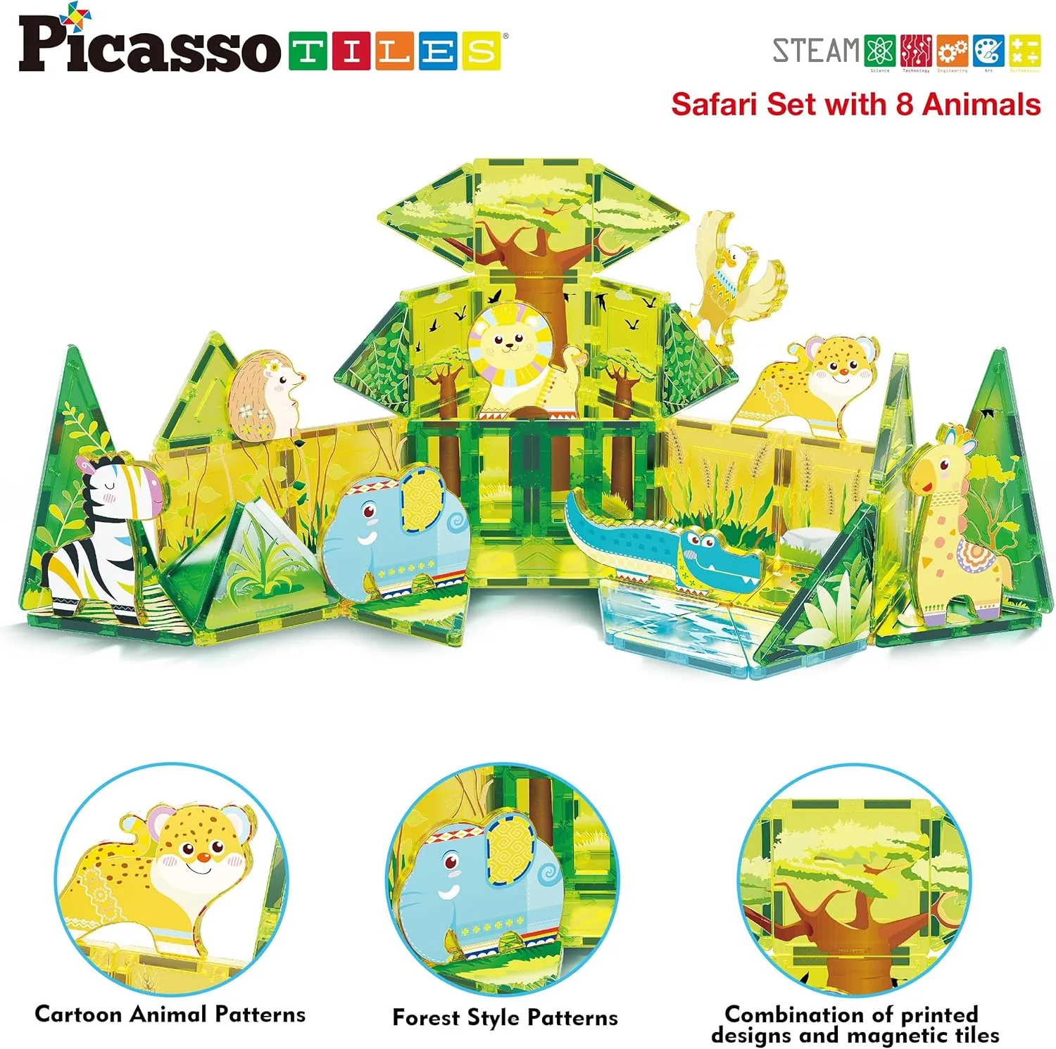 PicassoTiles Magnet Tile Building Block Safari Themed Set with 8 Compatible Magnetized Animal Action Figures Build Blocks Toddler Creativity Toys STEAM Educational Learning Skills Ages 3  PTQ12