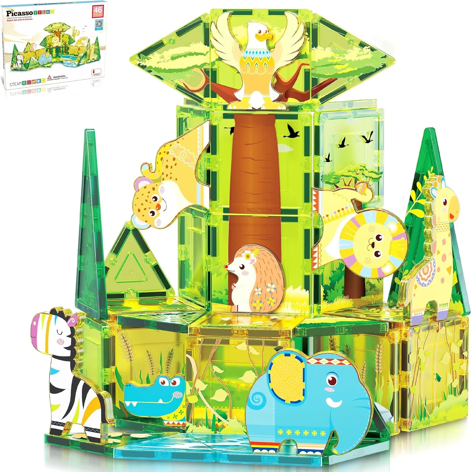 PicassoTiles Magnet Tile Building Block Safari Themed Set with 8 Compatible Magnetized Animal Action Figures Build Blocks Toddler Creativity Toys STEAM Educational Learning Skills Ages 3  PTQ12