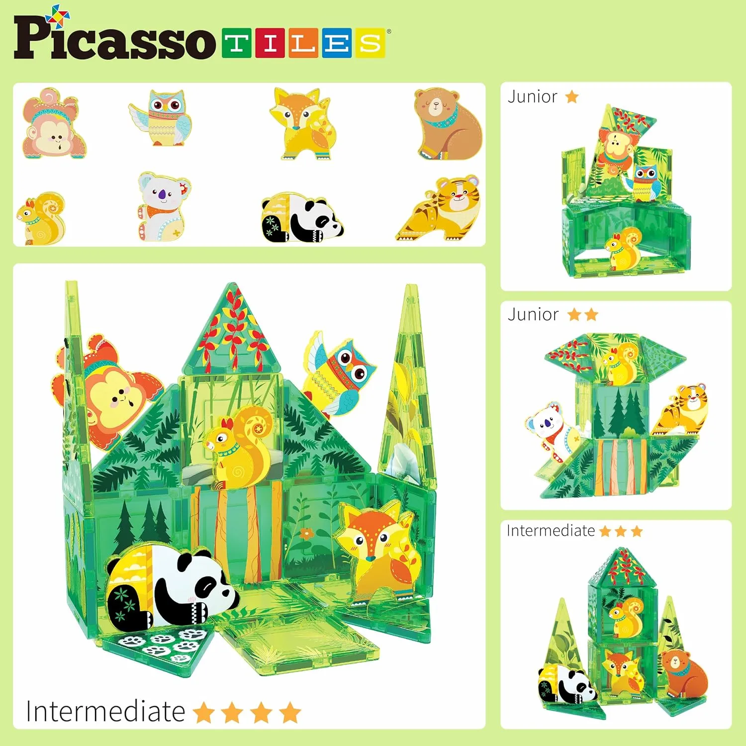 PicassoTiles Magnet Tile Building Blocks Forest Animal Themed Playset with 8 Character Action Figures Educational STEM Learning Construction Kit Pretend Play Magnetic Tiles Toddler Kids Ages 3  PTQ26