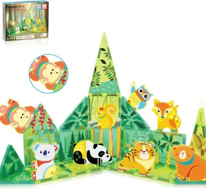 PicassoTiles Magnet Tile Building Blocks Forest Animal Themed Playset with 8 Character Action Figures Educational STEM Learning Construction Kit Pretend Play Magnetic Tiles Toddler Kids Ages 3  PTQ26