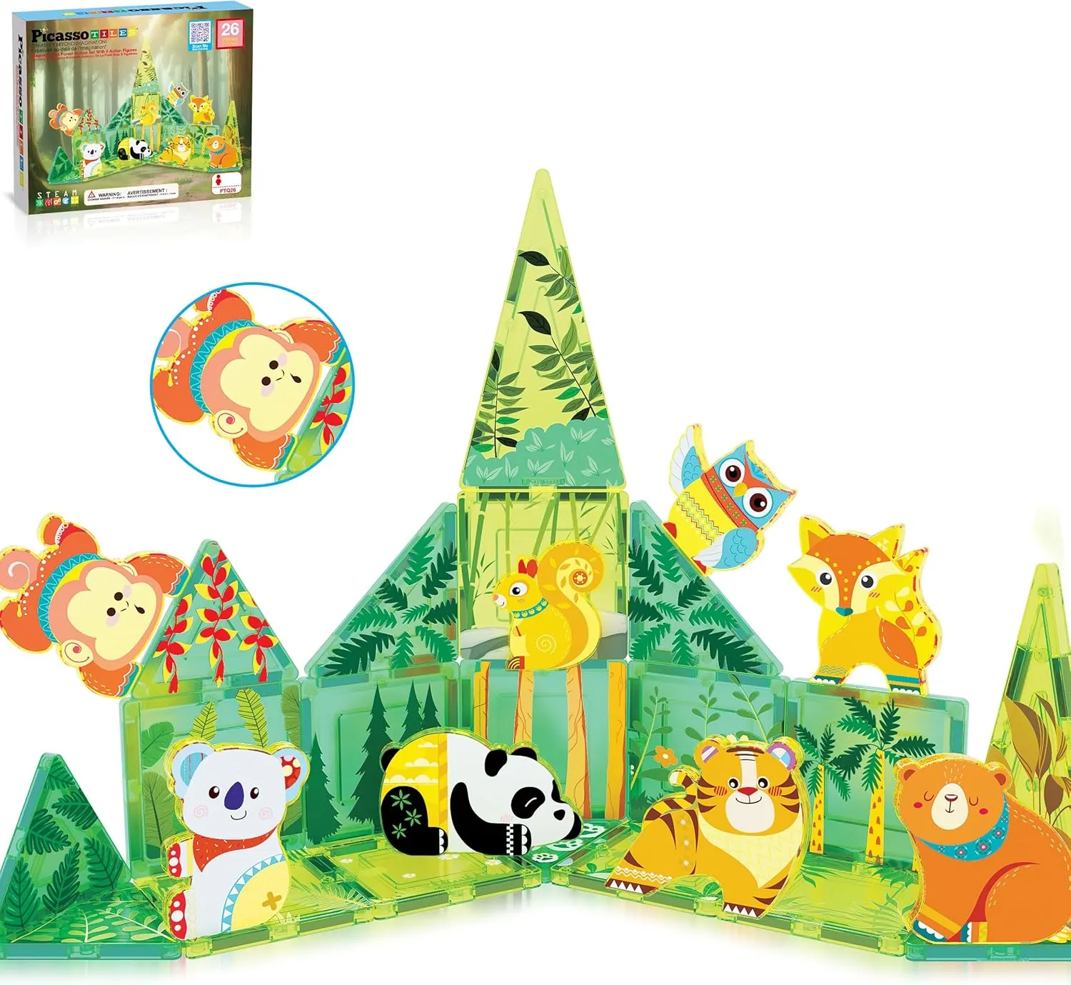PicassoTiles Magnet Tile Building Blocks Forest Animal Themed Playset with 8 Character Action Figures Educational STEM Learning Construction Kit Pretend Play Magnetic Tiles Toddler Kids Ages 3  PTQ26